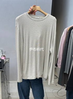 EFFERVESCENT韩国东大门正品代购25秋 圆领休闲细条纹宽松长袖T恤