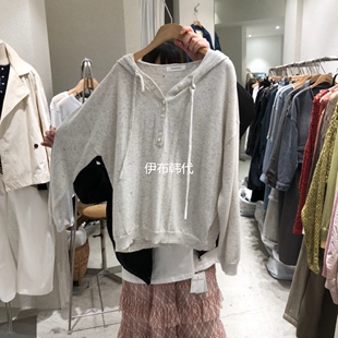 SSEMIENNE韩国东大门代购26春款 连帽纽扣抽绳宽松条纹薄款针织衫