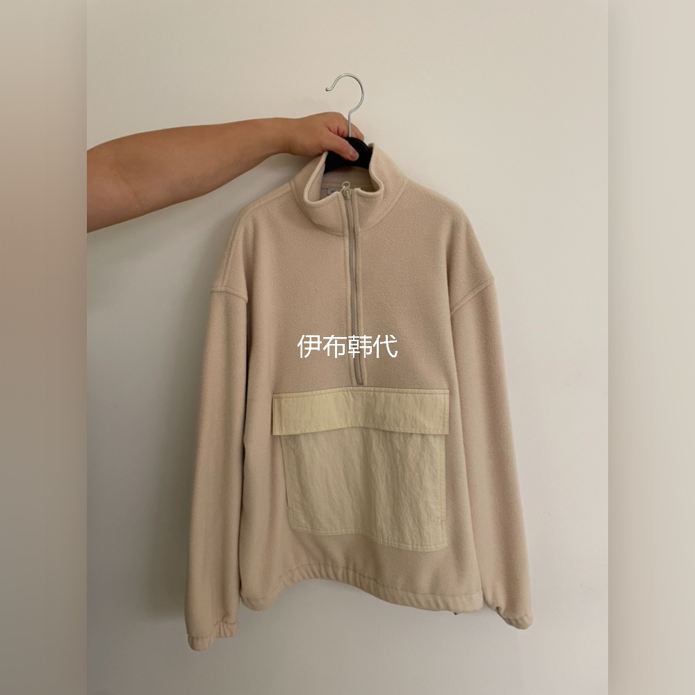 立领摇粒绒口袋宽松抽绳外套