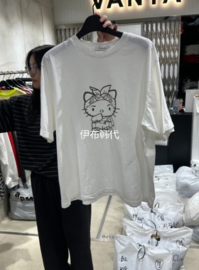 VANTA韩国东大门正品代购26春款 圆领卡通小猫薄棉短袖T恤女