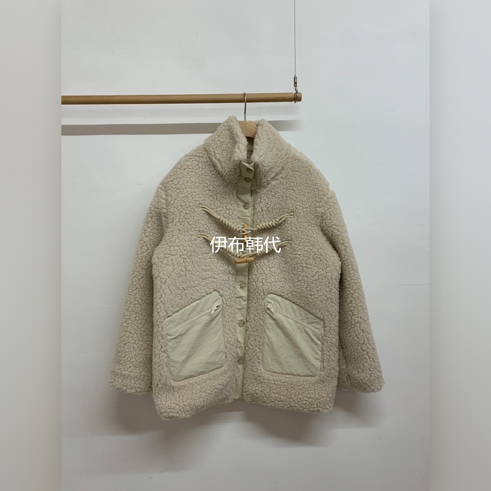 木纽扣仿羊羔毛绒宽松保暖外套