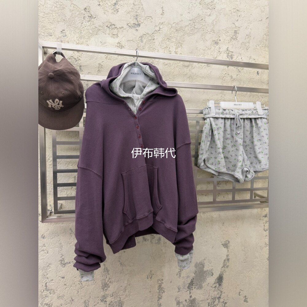 SOLD OUT韩国东大门正品代购26秋款 连帽纽扣口袋华夫格碎花卫衣