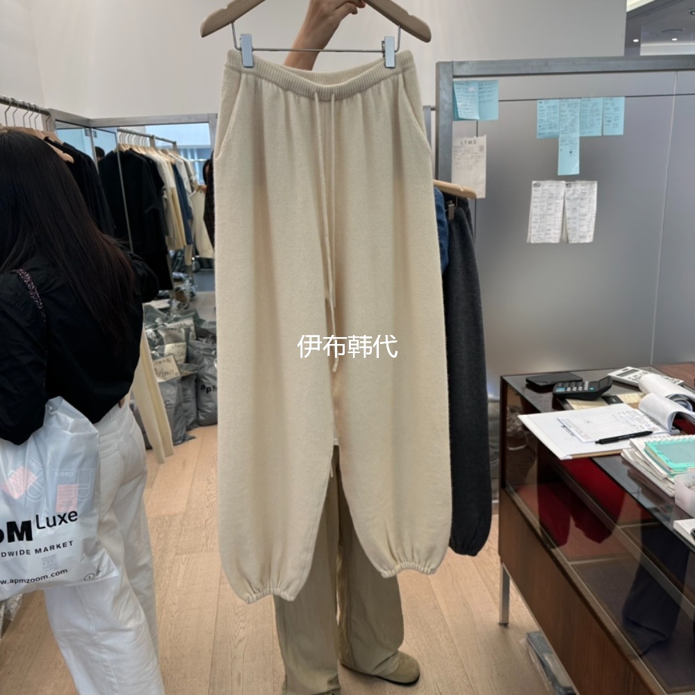 松紧纯色抽绳束脚宽松针织裤毛裤