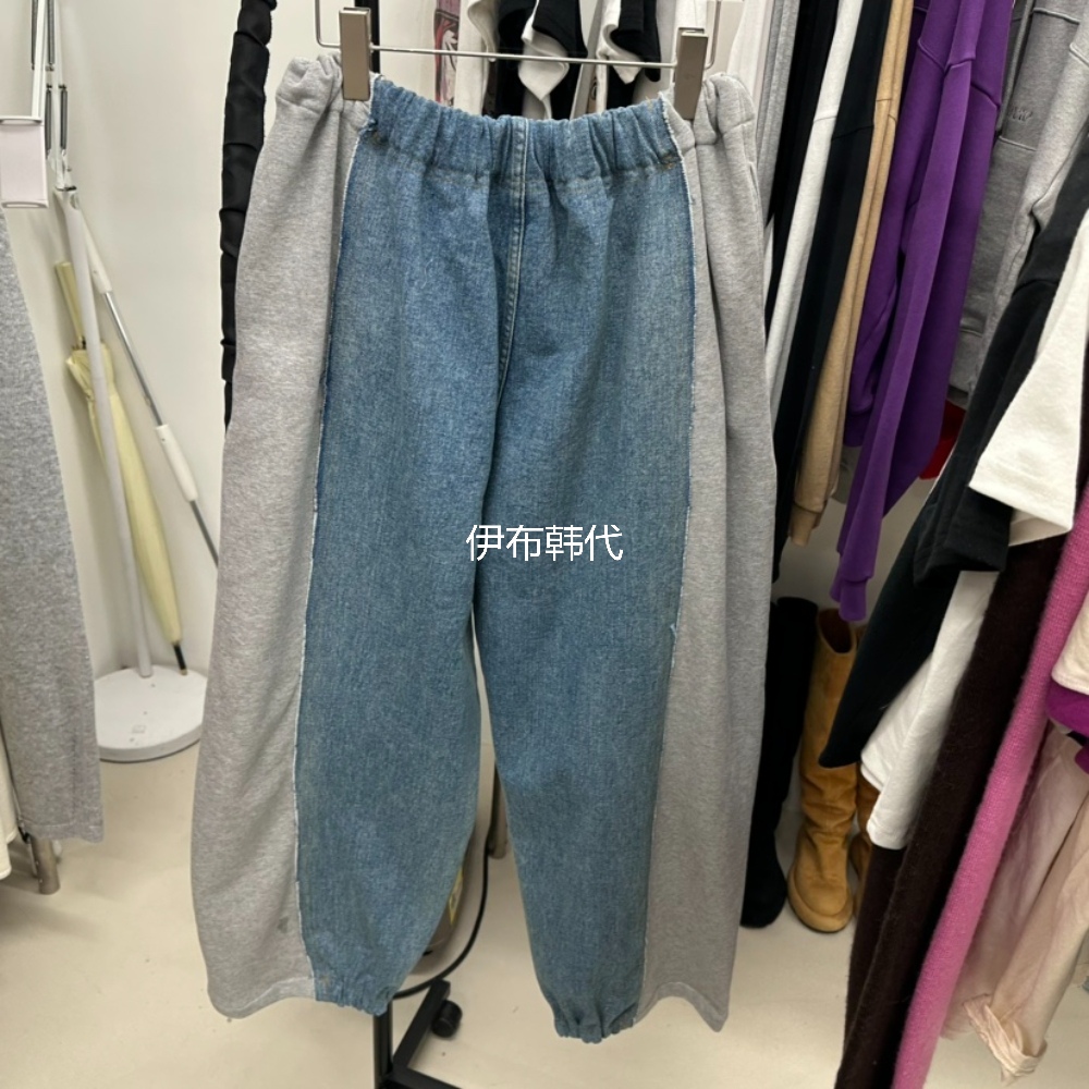 冬款松紧腰加绒卫裤拼接牛仔裤