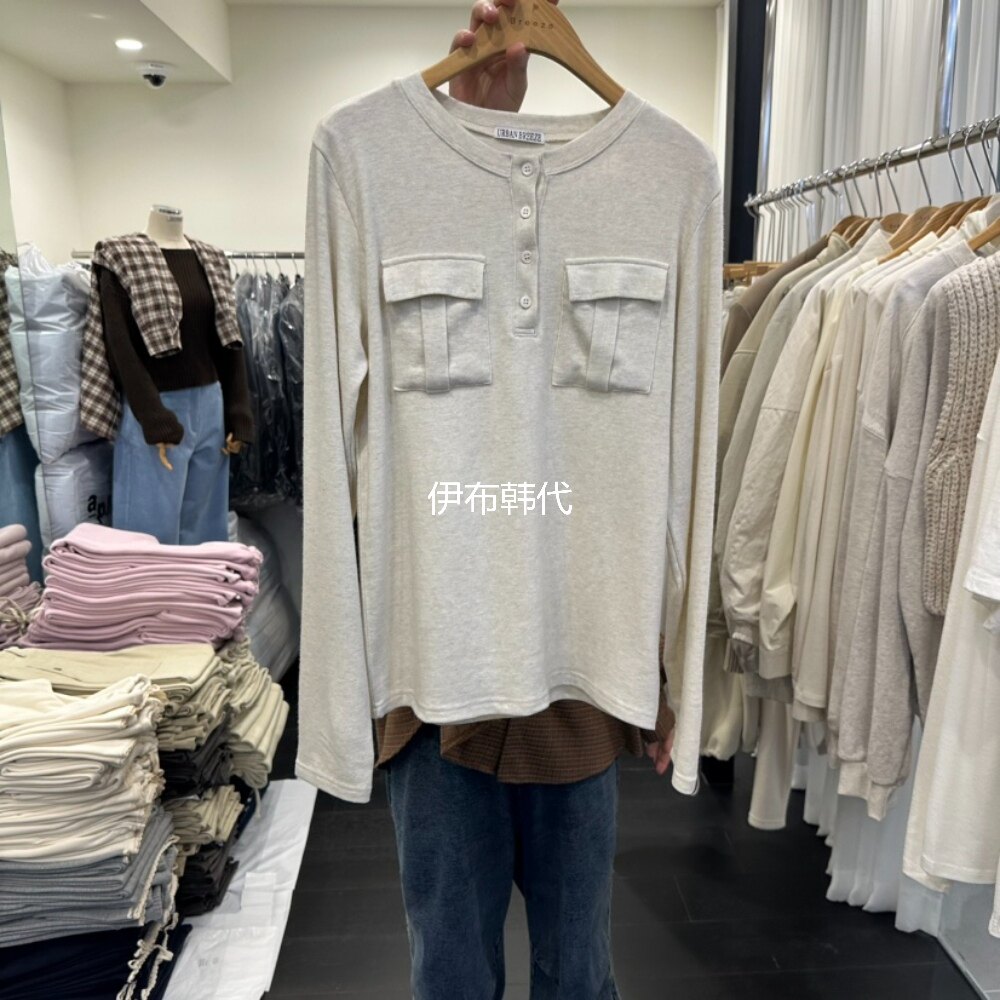 URBAN BREEZE韩国东大门正品代购26冬款 圆领口袋纽扣长袖时尚T恤