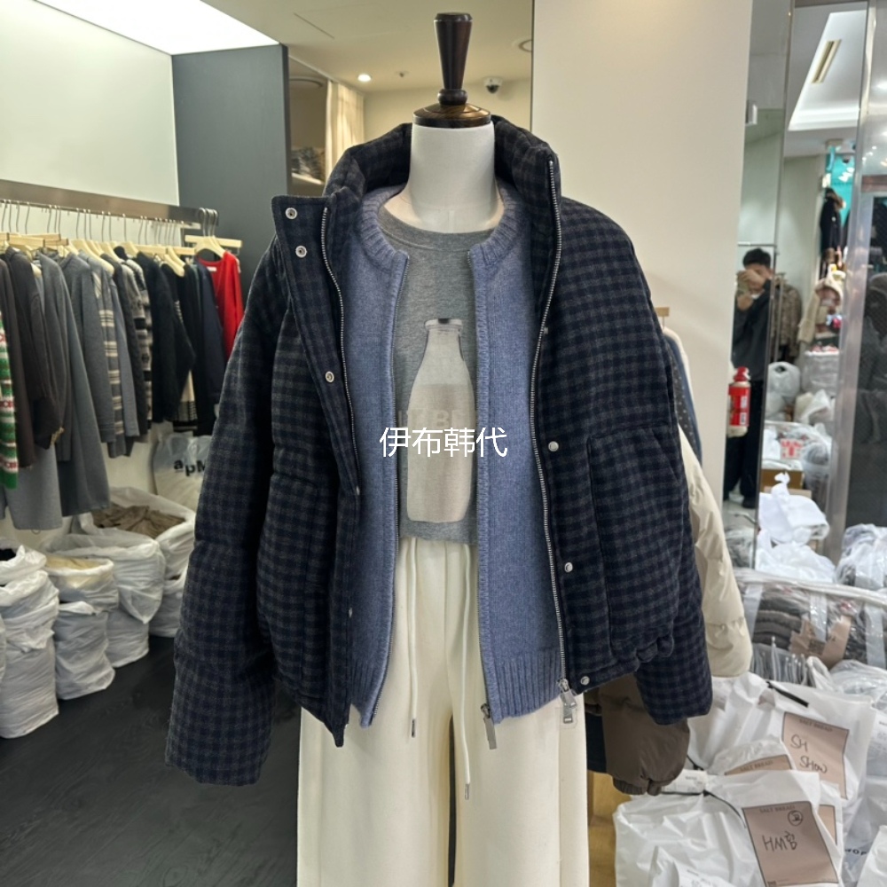 立领格子毛呢短款鹅绒羽绒服