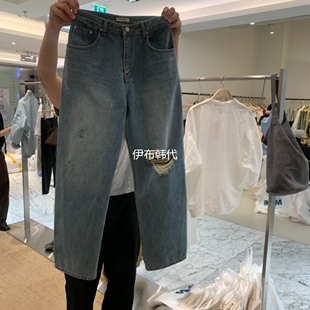 SELF SERVICE韩国东大门正品代购26夏 破洞做旧休闲直筒裤牛仔裤
