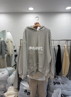 DELICATE韩国东大门正品代购冬款 连帽休闲条纹宽松拉链卫衣外套