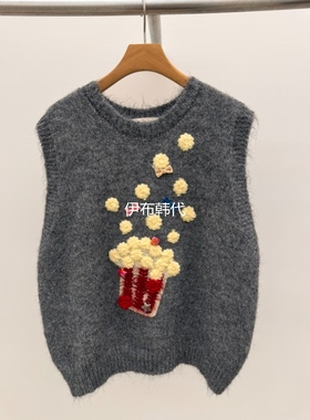 THORE韩国东大门正品代购25秋款 圆领可爱立体爆米花针织马夹背心