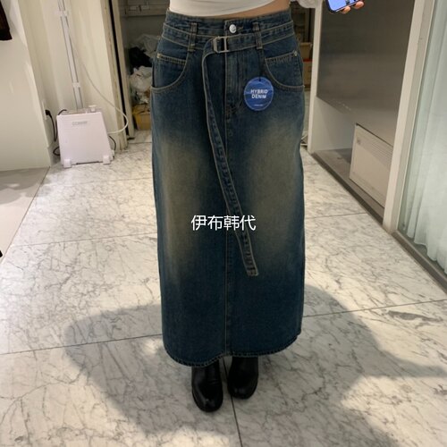 磨白做旧开叉腰带牛仔裙长裙半裙