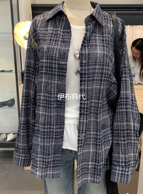 MORE THAN YESTERDAY韩国东大门代购26夏款 翻领休闲格子褶皱衬衫