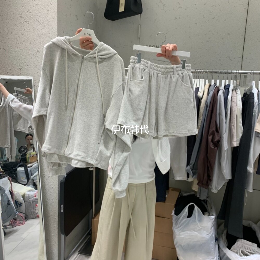 BRONZE韩国东大门正品代购26夏款 连帽拉链绒布休闲卫衣短裤套装