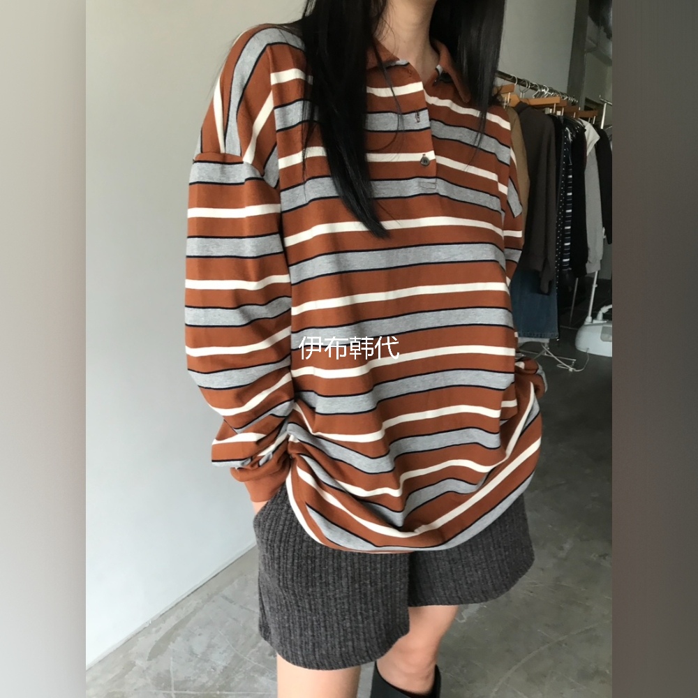 翻领休闲纽扣条纹宽松长袖T恤女