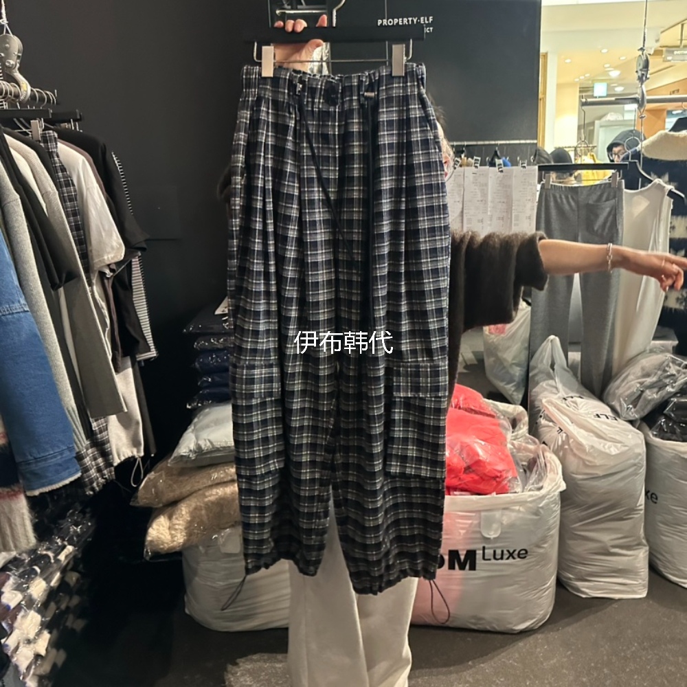 松紧腰格子口袋抽绳宽松休闲长裤