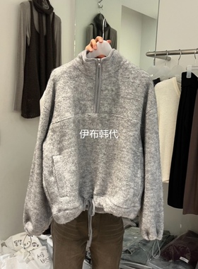 AUBE韩国东大门正品代购25冬款 立领拉链毛呢休闲抽绳宽松外套