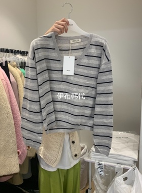 RUMIRU/AWEAR韩国东大门正品代购25冬款 V领条纹薄款短款针织衫