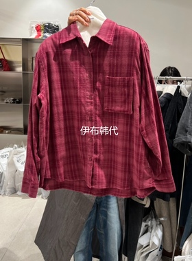 TEMPTING韩国东大门正品代购25秋款 翻领休闲格子口袋宽松衬衫