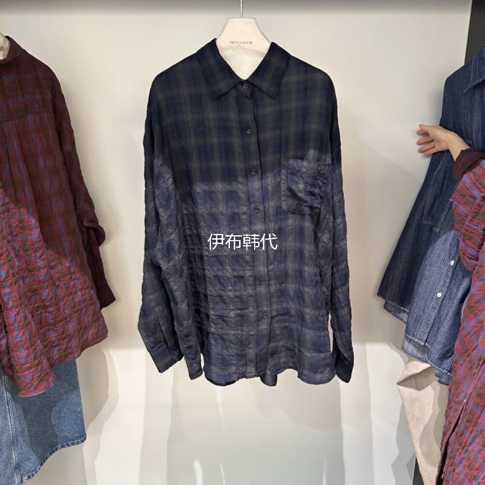 FRENCH DOOR韩国东大门正品代购26春款 翻领休闲格子口袋宽松衬衫