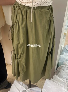 松紧腰褶皱抽绳半裙长裙女