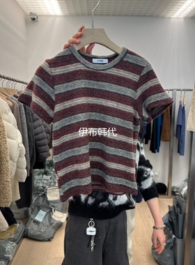LTMS伊布 韩国东大门正品代购冬款 圆领休闲条纹磨毛修身短袖T恤