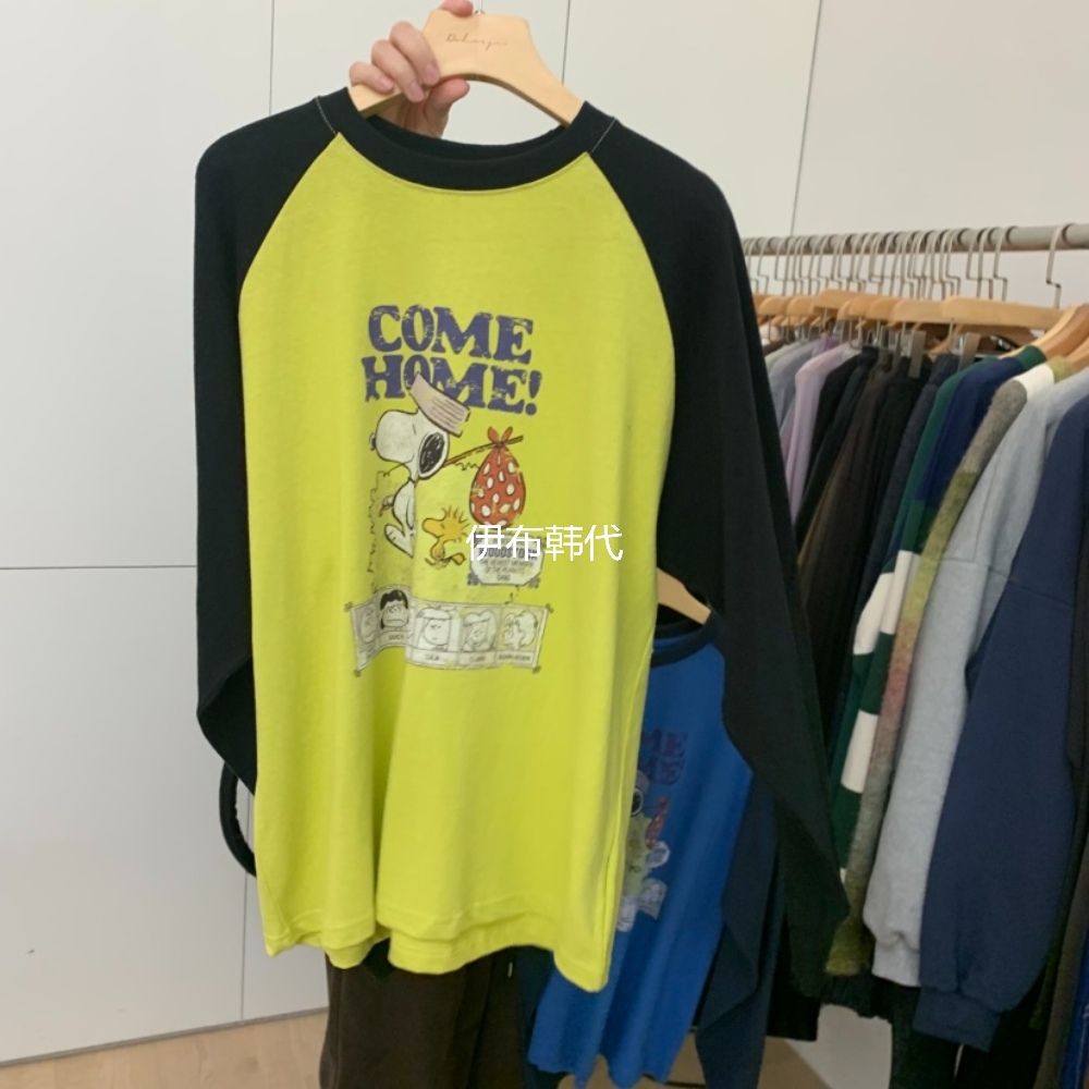 圆领插肩卡通小狗宽松长袖T恤