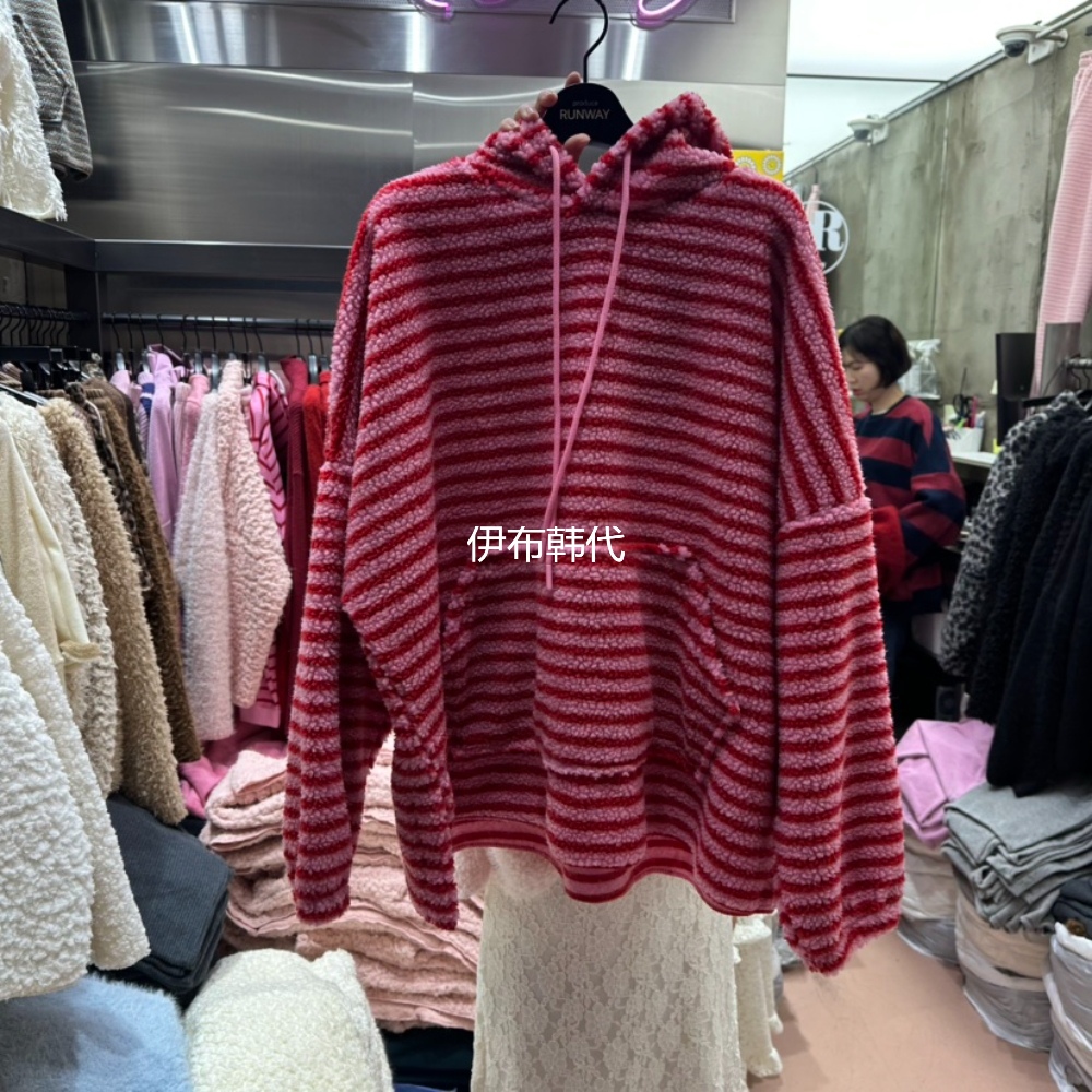 连帽休闲条纹仿羊羔毛绒宽松卫衣