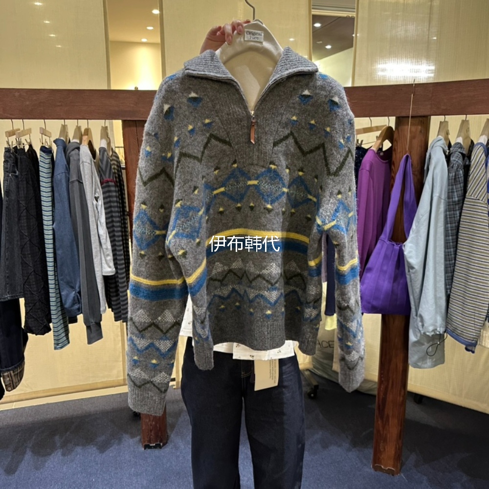 翻领拉链条纹复古几何图针织衫