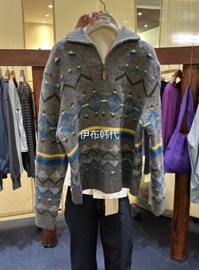 FURE韩国东大门正品代购25冬 翻领休闲拉链条纹复古几何图针织衫