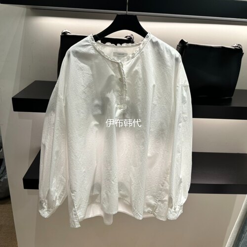 圆领木耳边纽扣宽松棉质衬衫