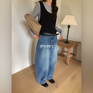 ANOU韩国东大门正品代购26春款 磨白做旧休闲宽松廓形牛仔裤长裤