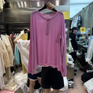 RUNWAY韩国东大门正品代购26夏款 圆领休闲纽扣口袋宽松长袖T恤