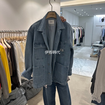 翻领休闲磨白多口袋牛仔外套女