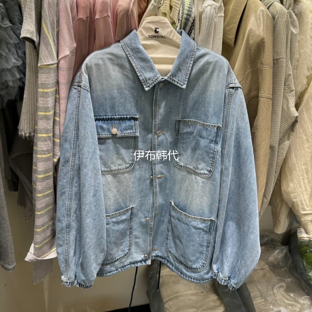 TOMGIRL韩国东大门代购26春 翻领磨白水洗做旧多口袋牛仔衬衫外套