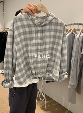 SELF SERVICE韩国东大门正品代购26春 连帽格子抽绳纽扣衬衫外套