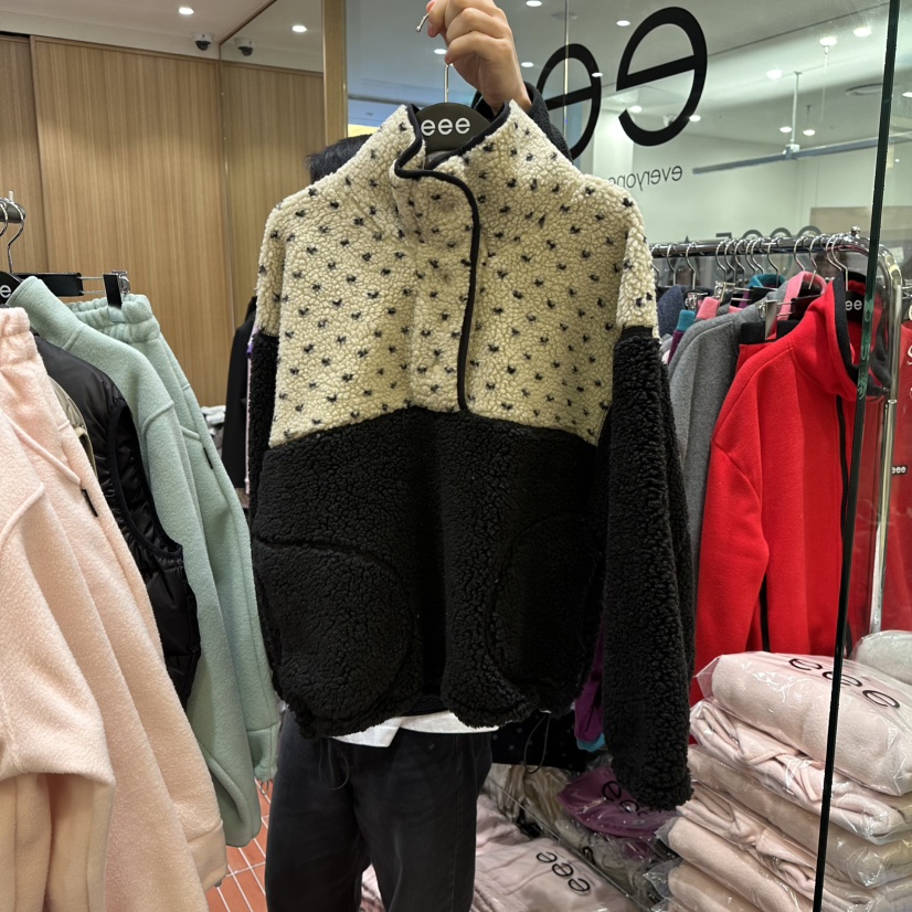 E/E/E韩国东大门代购25冬款 立领爱心仿羊羔毛绒拼接宽松卫衣外套