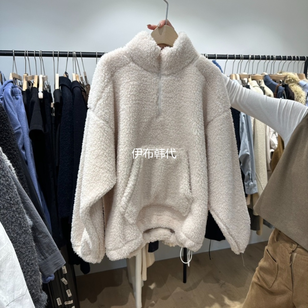 立领仿羊羔毛绒口袋保暖外套卫衣