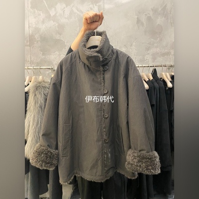 羊羔毛拼接保暖鹅绒羽绒服外套