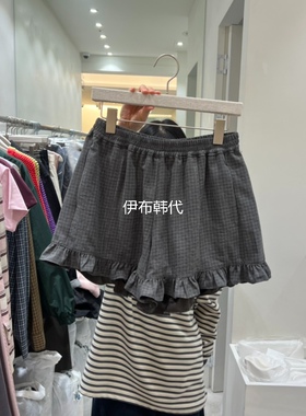 ASOME韩国东大门正品代购26春款 松紧腰棉布小格子木耳边宽松短裤