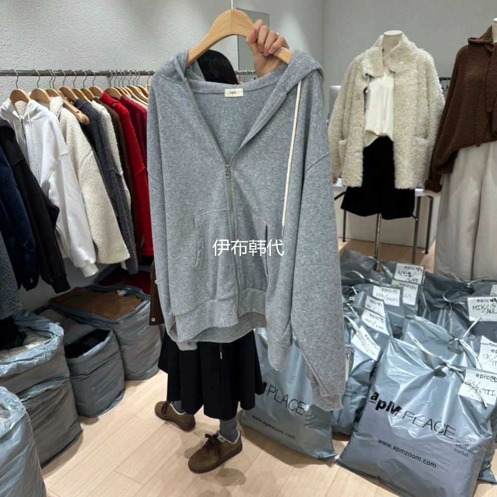 EPIC-S韩国东大门正品代购冬款 连帽拉链宽松加绒卫衣开衫外套