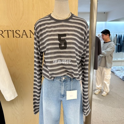 圆领休闲条纹数字天丝长袖T恤