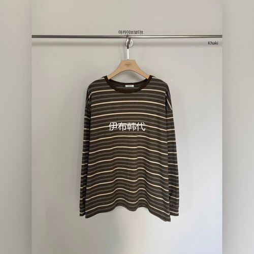 圆领棉质休闲细条纹宽松长袖T恤