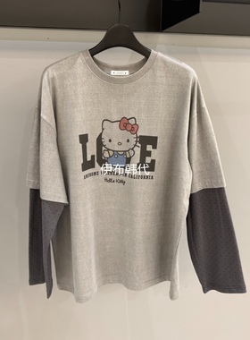 CREDITO韩国东大门正品代购冬款 圆领休闲卡通小猫假两件袖子T恤