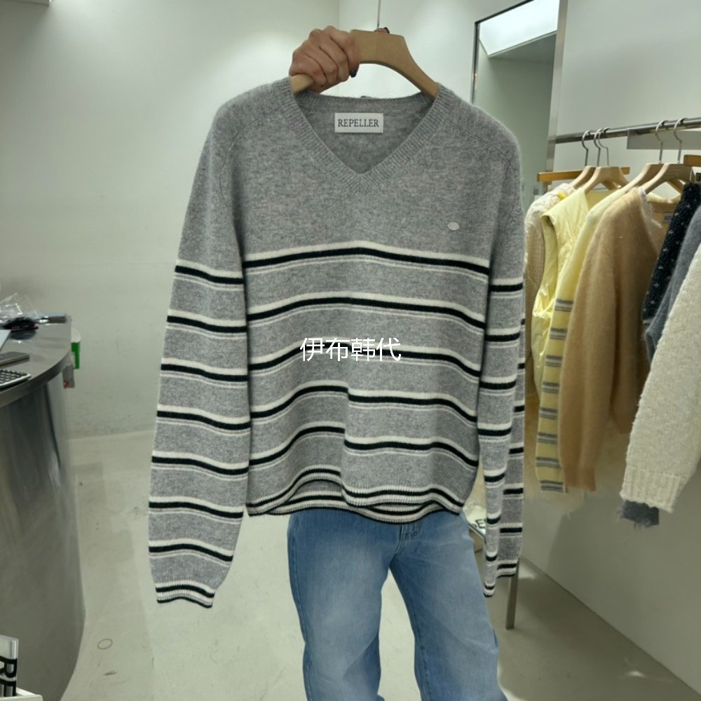 REPELLER韩国东大门正品代购春季新款 V领休闲条纹套头针织衫毛衣