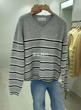REPELLER韩国东大门正品代购春季新款 V领休闲条纹套头针织衫毛衣