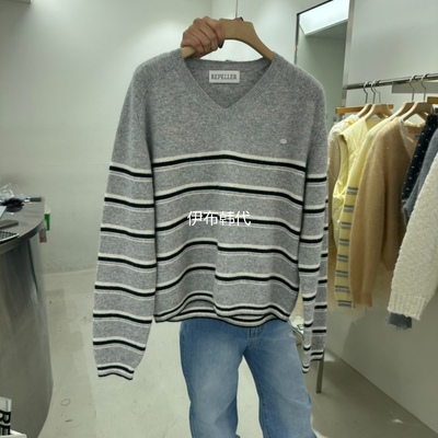 V领休闲条纹套头针织衫毛衣