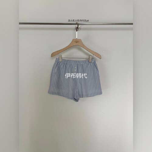 条纹休闲棉质纽扣百搭短裤