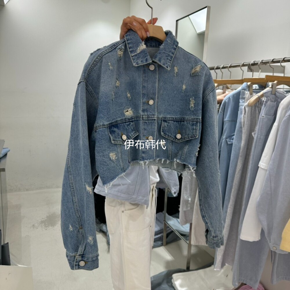 REPELLER韩国东大门正品代购26春 翻领休闲破洞做旧短款牛仔外套