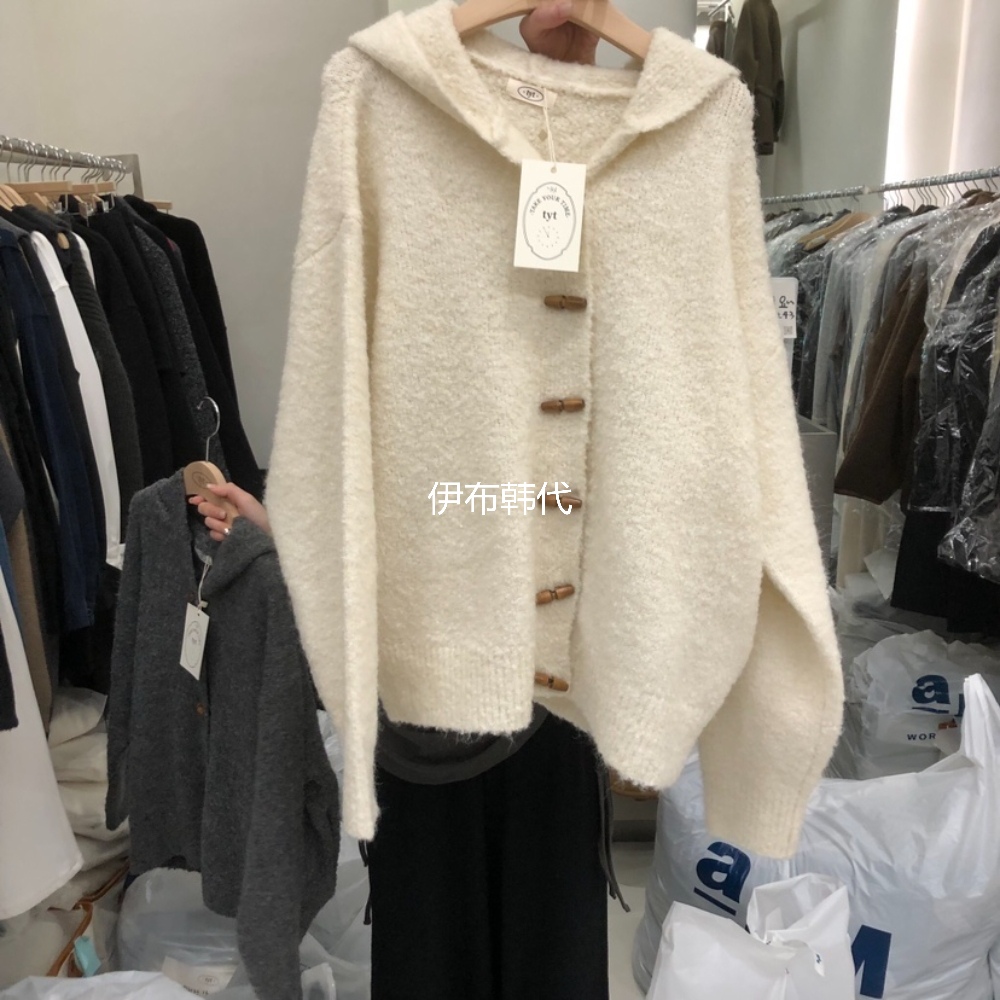 连帽休闲木纽扣针织开衫外套