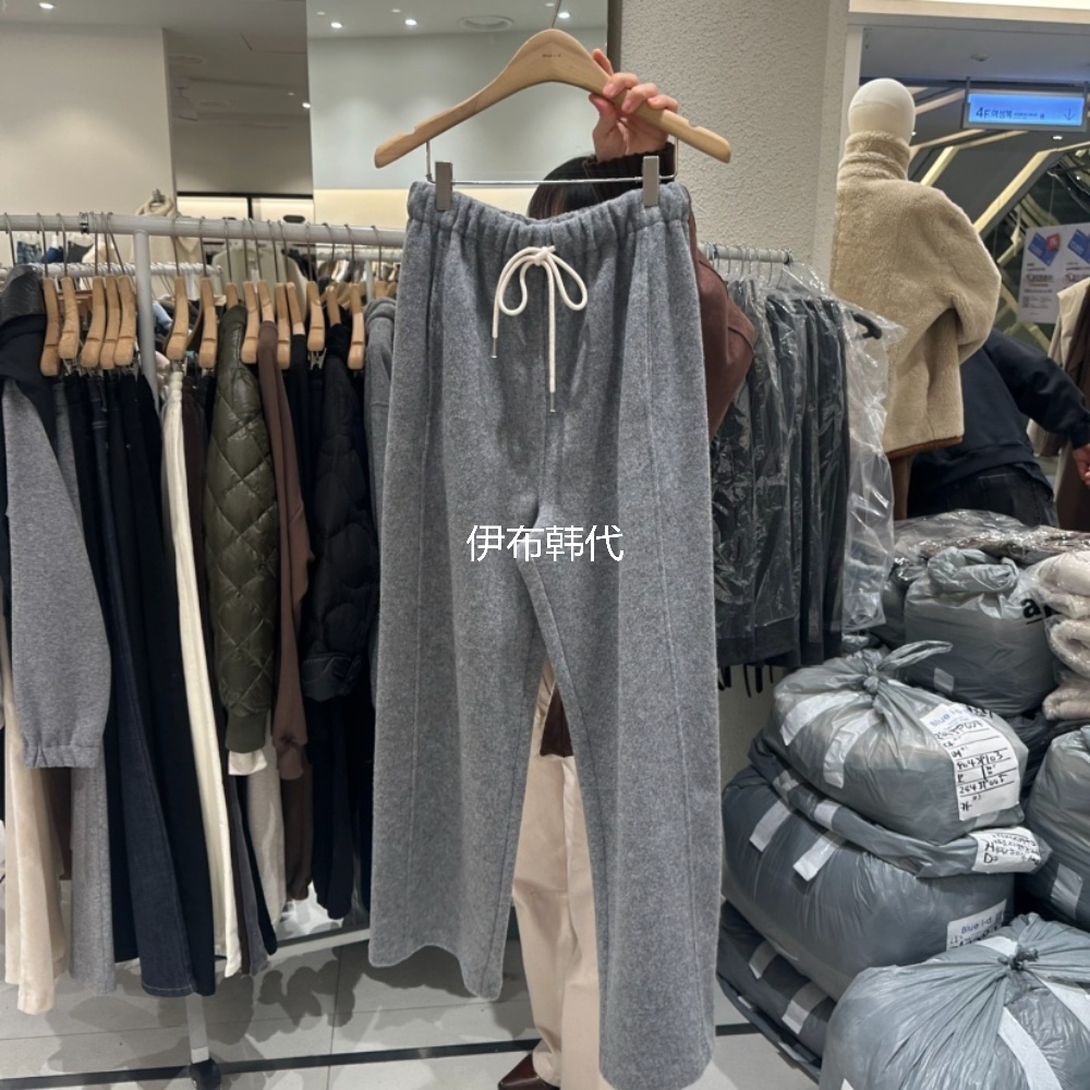 松紧腰抽绳毛呢磨毛直筒裤长裤