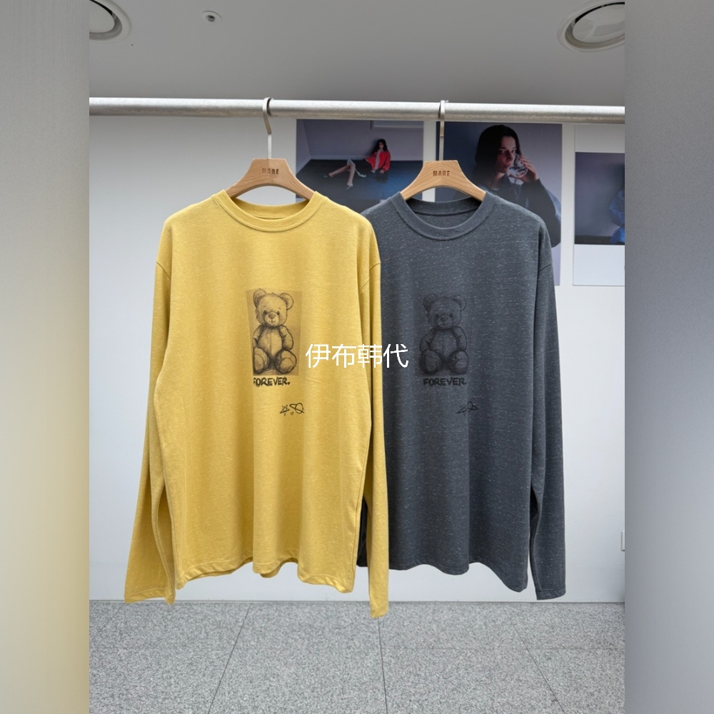 MADE韩国东大门正品代购25秋款 圆领棉质休闲铅笔画小熊宽松T恤